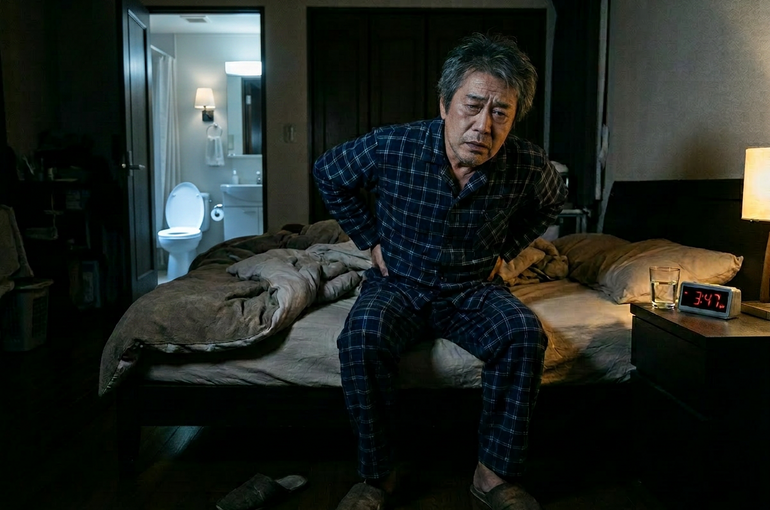 夜中に何度もトイレに起きて辛い表情の男性