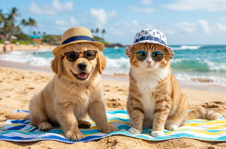 Firefly_Gemini Flash_かわいい猫と犬が目の日焼け防止にサングラスと帽子をかぶっているところ